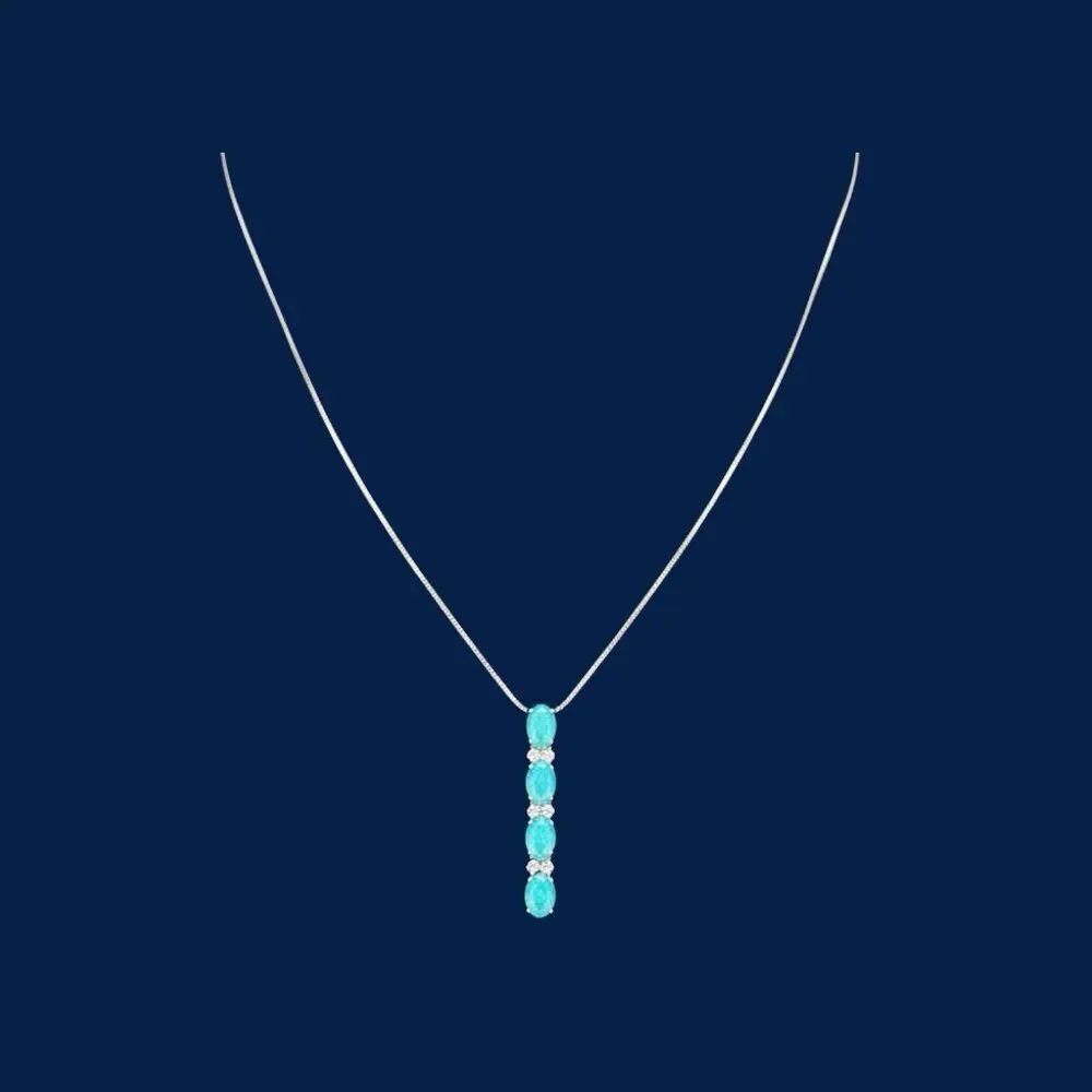 Blue Green CabachonāOpals & 12 Diamonds
Drop Pendant 14K White Gold Box Necklace